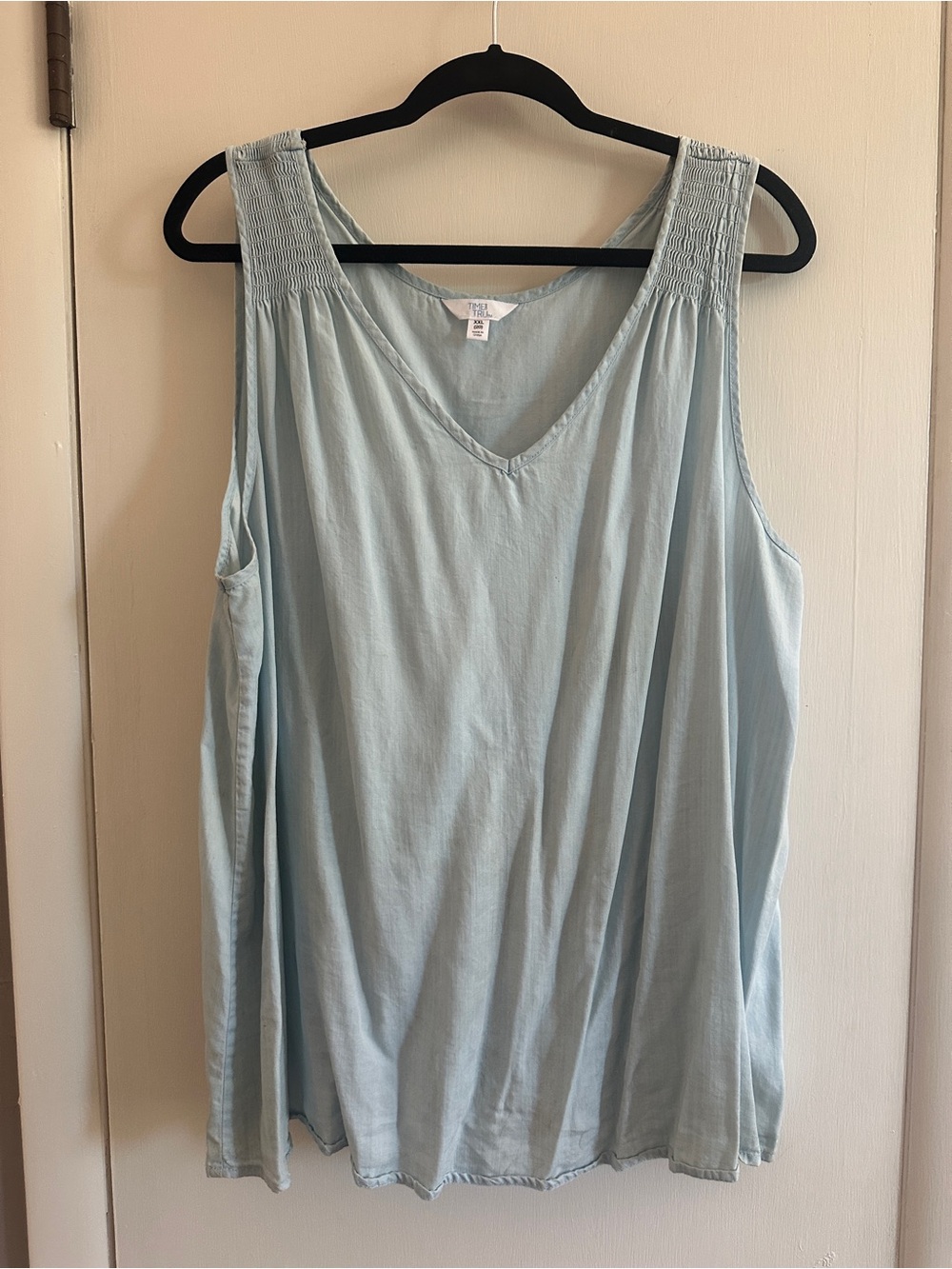 Time and Tru Light Blue V-Neck Smocked Shoulder Tank
